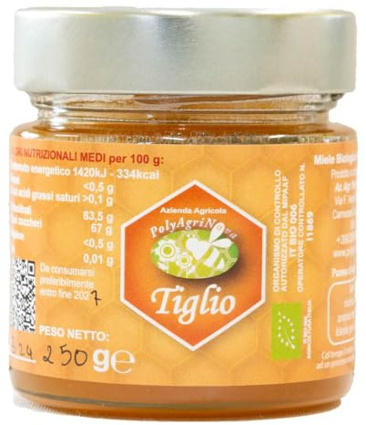 Miele di tiglio italiano biologico 250g, aromatico e leggermente mentolato, ideale per tisane, dolci e abbinamenti con formaggi stagionati.