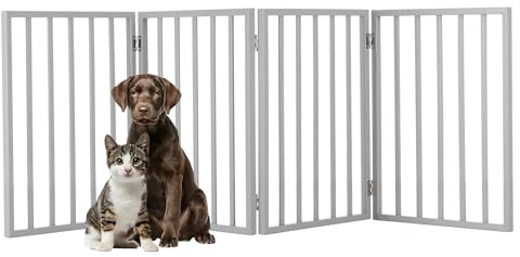 Pet Gate - 4-Panel Indoor Foldable Dog Fence for Stairs, Hallways, or Doorways - 72x24-Inch Retractable Wood Freestanding Dog Gates by PETMAKER (Gray)