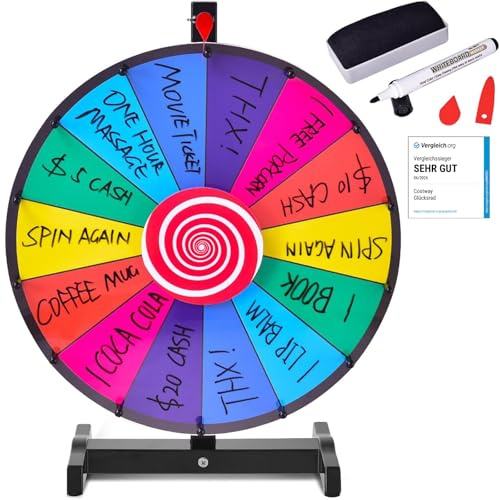 COSTWAY Ruleta de La Suerte, Ruleta de Juego con Soporte Que Puede Escribir y Limpiar con Pluma Borrable para Fiesta Juguete, Rueda de la Fortuna (18 Pulgadas)