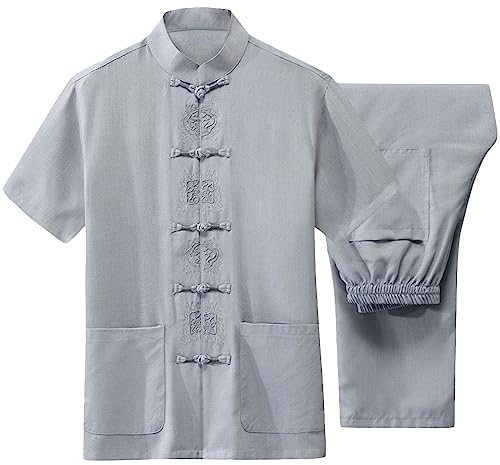 G-LIKE Herren Kungfu Tang Anzug - Traditionelle Chinesische Kampfkunst Tai Chi Wushu Qigong Kurzärmelige Gestickte Kleidung Trainingsanzug Freizeitkleidung Stehkragen Hemd Hose Uniform (Hellgrau, XL)