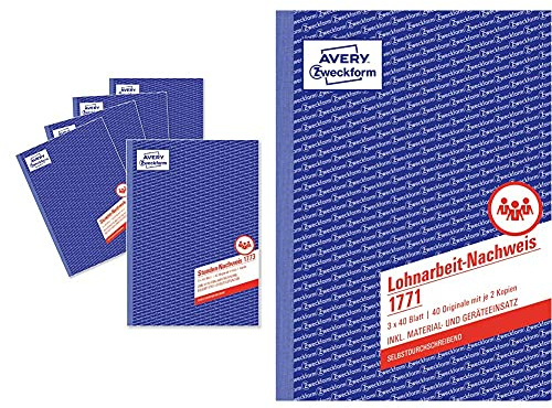 AVERY Zweckform 1773-5 Stunden-Nachweis (A4, selbstdurchschreibend, 2x40 Blatt) 5er Pack weiß/gelb & 1771 Lohnarbeit-Nachweis (A5, selbstdurchschreibend, 3x40 Blatt) weiß/gelb/rosa