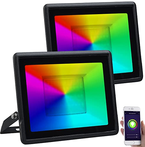 Luminea Home Control WLAN-RGB-LED-Strahler: 2er-Set WLAN-Fluter, RGB-CCT-LEDs, App, 3.750 lm, 50 W, IP65 (Flutlicht-Strahler, Flutlicht WiFi, Fernbedienungen)