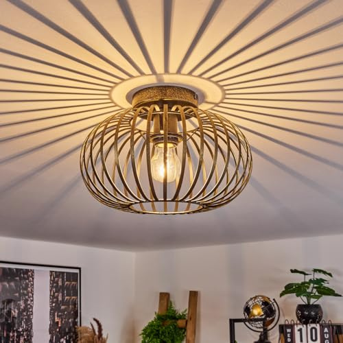 HOFSTEIN Deckenleuchte Oravi, Deckenlampe aus Metall in Gold-Antik/Schwarz, Leuchte im Industrial/Retro/Vintage-Design, Lichteffekt durch Gitter-Optik, Ø 30cm, E27, Wohnzimmer, Esszimmer, Schlafzimmer