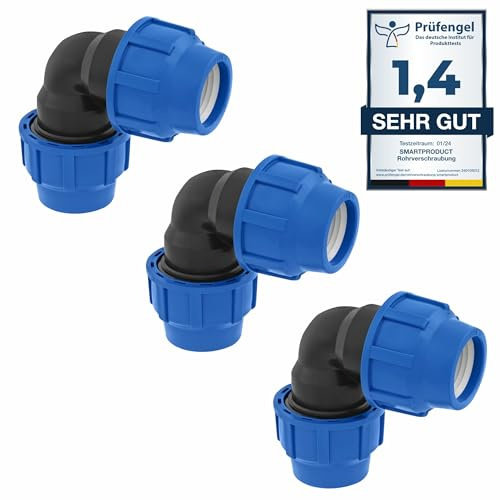 SmartProduct 20mm - 3 Stück - PE Rohr Verschraubung Winkel 90 Grad PN16 DVGW Trinkwasser zertifiziert – 20 mm Klemmverbinder für Innen- und Außeninstallationen – PP Kupplung für PE80 PE100 Rohren