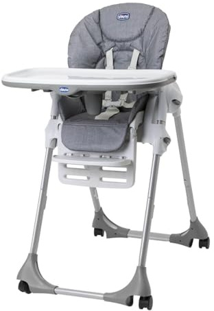 Chicco Polly Easy Seggiolone Pappa Evolutivo per Bambini da 6 Mesi a 3 Anni (15 kg), Seggiolone Reclinabile a Sdraietta con Altezza e Poggiapiedi Regolabili, 4 Ruote, Chiusura Compatta - Grey Melange