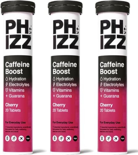 Phizz Daily Energy Electrolyte Hydration Tablets - 17 Vitamins and Minerals - Effervescent Energy - 75mg Caffeine (Daily (Cherry), 60)