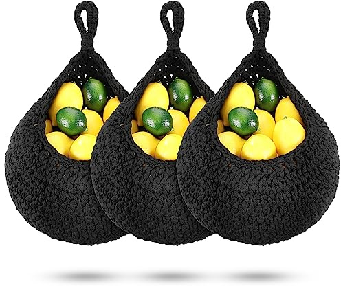Dandat 3 Pcs Large Hanging Fruit Baskets for Kitchen Teardrop Hanging Wall Baskets Bohemian Handwoven Holder for Kitchen Vegetable Onion Potato Storage Pantry Decoration(Black)