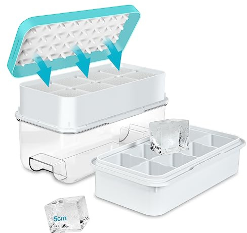 Molde Grande para Cubitos de Hielo, Fácil de Deshacer, Sin Desbordamiento, Máquina y Recipiente de Almacenamiento en Uno, Perfecto para Whisky, Cócteles, 16 Cubitos Grandes (5 cm x 5