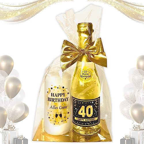 Hochwertiges Geschenkset - Piccolo 22 Karat Blattgold „40 Happy Birthday“ GOLD mit Geburtstagskerze - Secco Sekt mit Stumpenkerze Kerze | Geschenk zum 40. Geburtstag Pfeif auf's Alter