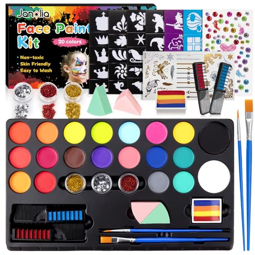 Janolia Gesichtsfarbe Kinderschminken Set, Bodypainting Farben für Theaterschminke, Kinderschminke Wasserbasis, 20 Farben Faschingsschminke Face Paint, Ideal Kinderschminke Set für Halloween Karneval