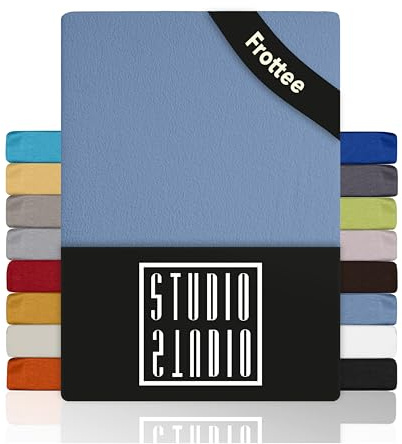 STUDIO Basic Frottee Spannbettlaken 160x200cm – weiches Frottee-Spannbetttuch aus 80 % Baumwolle & 20 % Polyester – Mittelblau – Öko-Tex Zertifiziert, bügelfrei & elastisch – für Matratzen 15–25cm