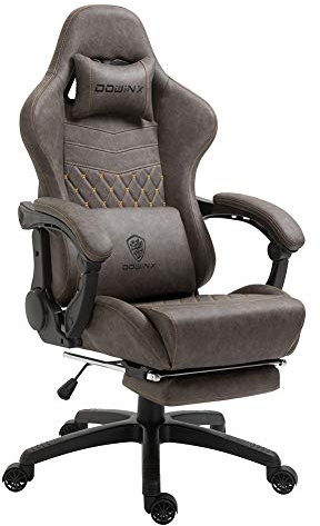 Dowinx Gaming Chair Retro, Ergonomic Computer Office Chair with Footrest, PU Leather Game Chairs with Massage Lumbar Support for Adults, Brown