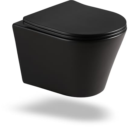 Hänge WC Spülrandlos Wand WC Mattschwarz mit Toilettendeckel mit Absenkautomatik - Toilette Kloschüssel Keramik mit Nano Beschichtung - WC Toiletten Einloch-Superspin-Spülung