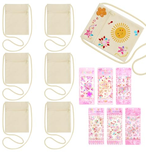 SUKARNE 6 Stück Stoffbeutel zum Bemalen für Kinder, 17×13cm Umhängegeldbeutel, Brustbeutel mit 6 Blatter Diamant-Aufkleber, DIY Beige Brustbeutel für Schule, Party, Geschenk