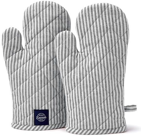 Encasa XO Long 18x30 cm Oven Microwave Hand Gloves Mitts (2 pc Set) for Kitchen Cooking & Baking - Heat Resistant, Thick & Safe, Protection of Hands from Hot Utensils, Grill - Tickendes Schwarz