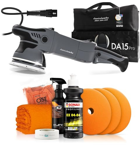 Poliermaschinen Set: chemicalworkz DA15 Pro Exzenter Poliermaschine + Sonax One-Step Politur + Royal Pads Polierpads + Zubehör - Auto Lack Politur, Kratzer entfernen, Aufbereitung | 14-teilig