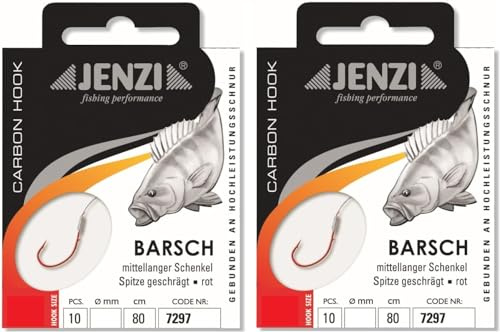 Set: 2 Packungen gebundene Barsch-Haken von Jenzi, (20 Stück) an Mono Schnur 80cm Hakengröße 4, 6, 8 & 10 Vorfach fertig + gratis Petri Heil! Aufkleber