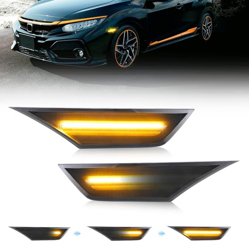 OPP ULITE Civic Side Marker Lights, Amber Sequential Flowing Turn Signal Switchback Light, Plug N Play, Smoked Len for Honda Civic 2016 2017 2018 2019 2020
