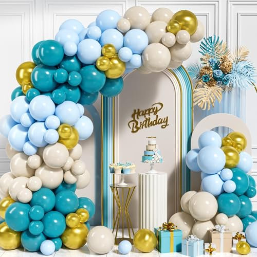 Kit Guirnalda Arco Globos Azul, 115 Piezas Globos Oro Metálico Azul Pastel Arena Blanco para Niños Niñas Cumpleaños Baby Shower Boda Aniversario Graduación Fiesta Decoración