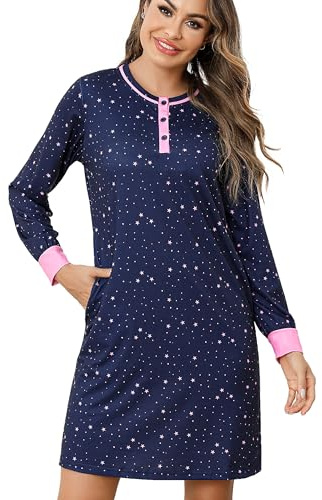 Jahetuul Chemise de Nuit Femme en Coton Manches Longues Boutonnée | Coton doux, manches longues, poches pratiques, ouverture boutonnée, motif étoilé pour dormir et se détendre à la maison.
