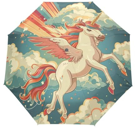 Cartoon Engel Einhorn Pferd Regenschirm Taschenschirm Kinder Jungen Mädchen UV-Schutz Auf-Zu Automatik Umbrella Verstärkt Winddichte Zusammenklappbar