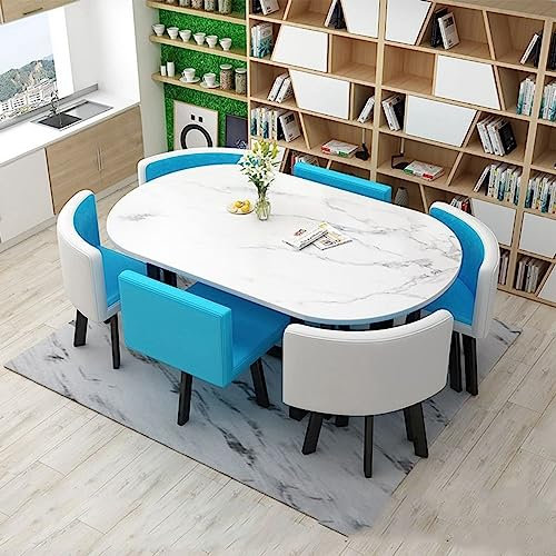 EpuzeR 90 * 150cm Esstisch mit 6 Stühlen, Konferenztisch Küchentisch mit Stühlen for Entspannte Frühstücke(Blau)