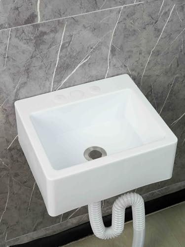 XRB2050 Mini Handwaschbecken, 33.5x29x13cm/13x11.4x5inch Quadratisch Handwaschbecken aus Kunststoff, Waschtrog Wandmontage Platz sparen für Badezimmer & Gäste WC Weiß 150cm Abläufe