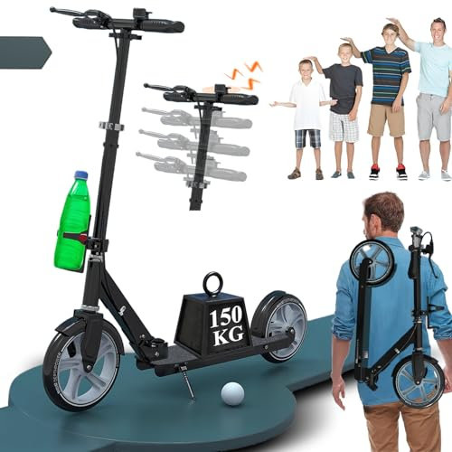 CXYTX Cityroller Tretroller Erwachsene 150 kg Tragkraft, 230mm Big Wheel Scooter mit Bremsen und Stoßdämpfern, Kickboard Klappbar & Höhenverstellbar, Roller Kinder, Tragegurt,Schwarz
