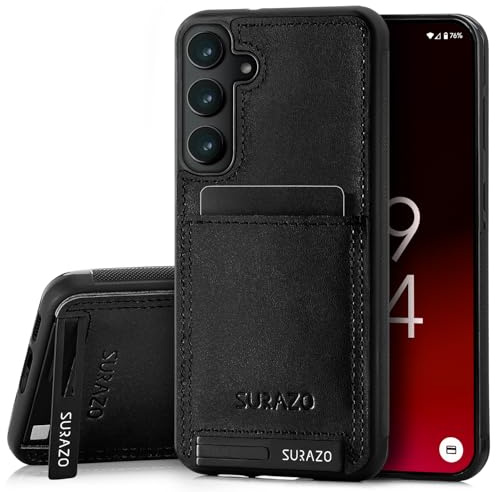 SURAZO Fodral i äkta läder för Samsung Galaxy S24 FE fodral – stötsäkert fodral i läder [kortfack, stativfunktion, nyckelringar] handgjorda i EU, stötskydd, svart