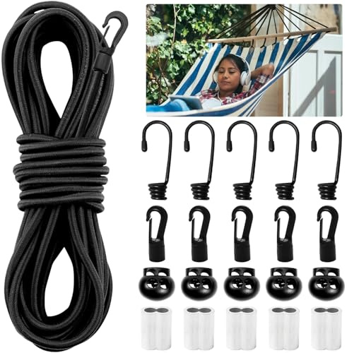 Dncvb Gummiseil Expanderseil 5mm 10m Schwarz Elastisches Gummikordel mit | 5 Spiralhaken 5 Würgeklemmen 5 Kunststoffhaken 5 Kordelstopper, Gummischnur für Anhängerplane Camping Segeln Planenseil