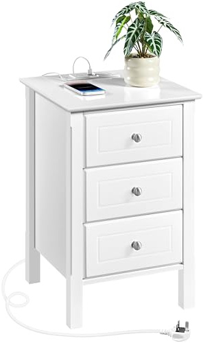 Yaheetech Charging Bedside Table with 3 Drawers, White | E1 Spray-Painted MDF, 2 AC Outlets & 2 USB Ports, 40 × 40 × 60 cm, Convenient Power Access with Easy-Care Finish