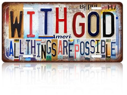 JBYMsign Vintage Inspirational Wall Decor With God All Things Are Possible License Plate Christian Metal Sign Tin Signs Poster