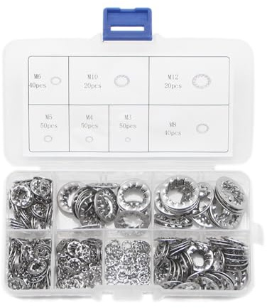 Dreamseek Juego de 270 arandelas dentadas de acero inoxidable con dientes internos surtidos de juntas a prueba de sacudidas M3/M4/M5/M6/M8/M10/M12