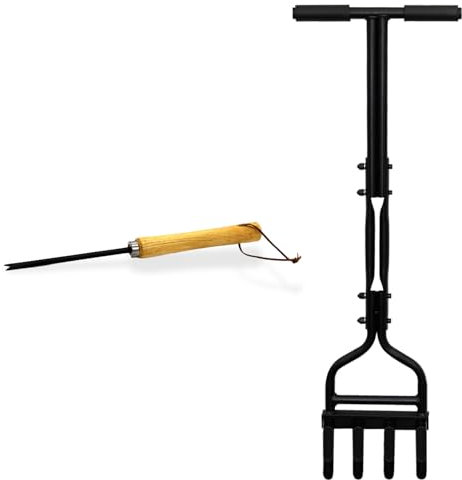 Crystals Hollow Tine Lawn Aerator Tool – Long Handle Manual Grass Aerator with 4 Core Spikes – 18mm Hollow Prongs for Compact Soil, Lawn Care & Maintenance – Non-Slip Grip – Black