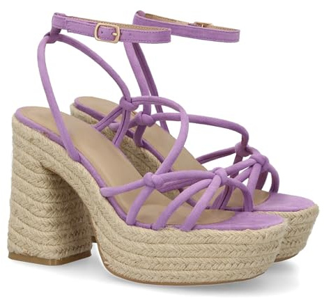 shoes&blues.es 94104 Sandalia de Tacon de Yute para Mujer, comodas y Elegantes, Diseno Moderno con Tiras Cruzadas y Cierre de Hebilla, Ideales para Primera Verano. Lila Talla 39