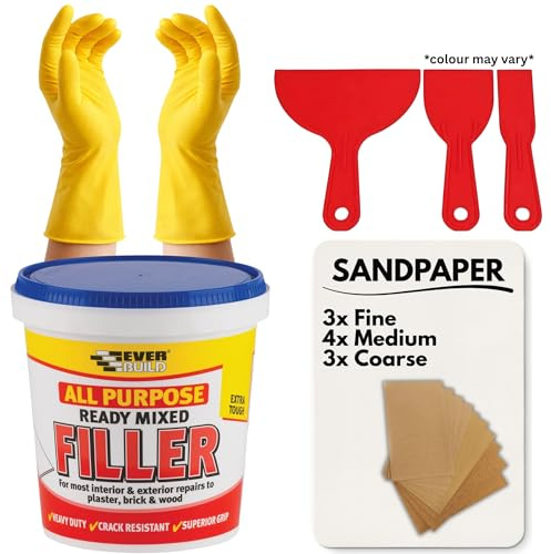 DIY Wall Repair Kit – Polyfilla Ready Mixed 600g Filler for Walls Bundled with 3-Piece Filling Knife Set, Sandpaper Pack, Disposable Gloves – Wall Filler Ready Mixed for Holes and Cracks