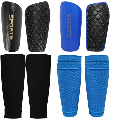 GROOFOO 2 Paar Schienbeinschoner Kinder Fußball – Kinder Fussball Elastische Einstecktasche Kompressionssocken + schienbeinschoner fußball – 1× Schwarz, 1× Blau