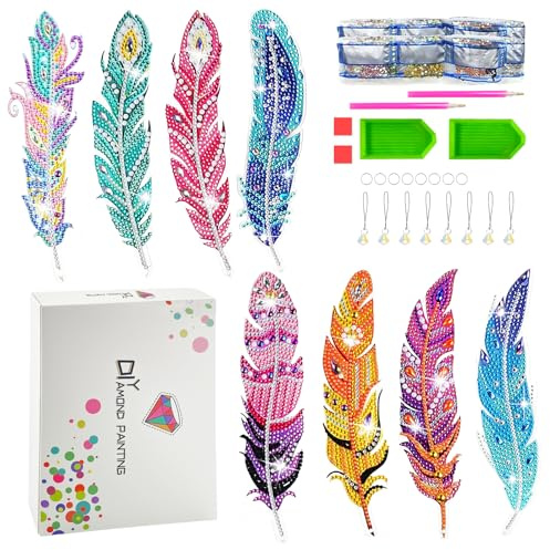 8 Stück Diamond Painting Lesezeichen Set | Kinder Feder Lesezeichen mit Strassanhängern und Werkzeug für Mädchen ab 6 7 8 9 10 11 12 Jahre DIY Kun sthandwerk Geschenk
