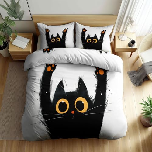 XCQHZYQ Copripiumino Singolo Bambino Semplice Cartone Animato Animale Gatto Nero Biancheria da letto Completo letto Bianco Reversibile Set Copripiumino, Copripiumino 150x200 cm e 1 Federa 50x80 cm