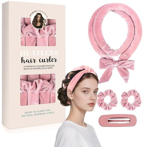 4-Piece Heatless Curlers Set – Satin Curler Headband with Curling Rod, Scrunchies & Clips, Perfect for Heatless Curls on Long & Short Hair, Overnight Styling Tools for Women & Teens