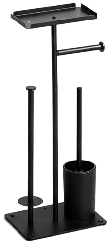 YOFAPA Porte-rouleau de papier toilette sur pied avec étagère, brosse de toilette, support de papier toilette sur pied en métal noir, pour petite salle de bain, hauteur de 60 cm