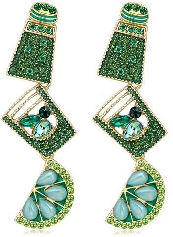 Sparklaura Cute Funky Fun Dangle Earrings for Women, Green Statement Cocktail Margarita Martini Mojito Lemonade Rhinestone Drop Earrings Trendy Fancy Prom Party Hawaiian Jewelry Gift