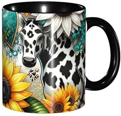 Anceky Taza de cerámica con estampado de vaca lechera, girasol, leopardo, 325 ml, apta para microondas, para mujeres y hombres