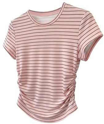 SOLY HUX Women's Striped Summer Tops Ruched Short Sleeve Crew Neck Graphic Tee Shirts Pink Striped Medium