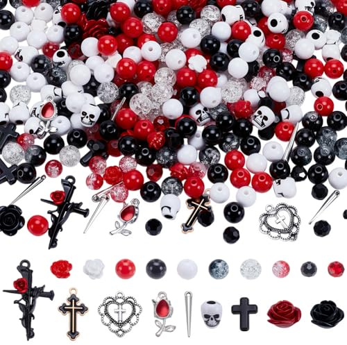 SUNNYCLUE 1 Box 424Pcs Gothic Skull Beads Halloween Theme Beads 10m Elastic Cord Black Red Cross Rose Flower Metal Resin Stone Loose Spacers for Jewellery Making Kits DIY Necklace Bracelets Supplies