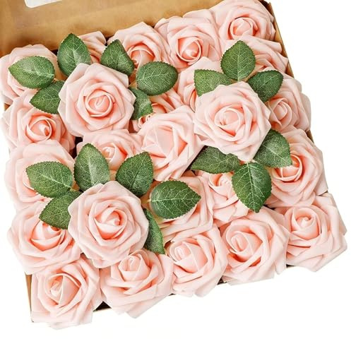 GoGumii Artificial Flowers 16pcs Real Looking Ivory Foam Fake Roses with Stems for DIY Wedding Bouquets Bridal Shower Centerpieces Arrangements Party Tables Decorations