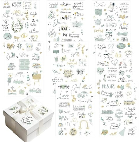Sticker Hochzeit Gästebuch(230 Motive), Hochzeitsdeko, Vintage Aufkleber Hochzeit Sticker mit Viel Liebe, Blatt Hochzeitssticker für Scrapbook oder Bullet Journal