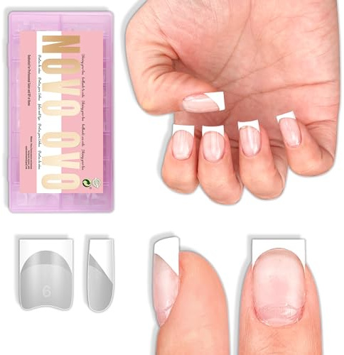 NOVO OVO White French Tip Half Cover Short Sharp Square False Nail Tips, Shallow Paste Matte Round-Square Pasting Zone for Soft Gel Acrylic Extension, Unisex Wide Press on Fake Nails 16 Sizes 224 Pcs