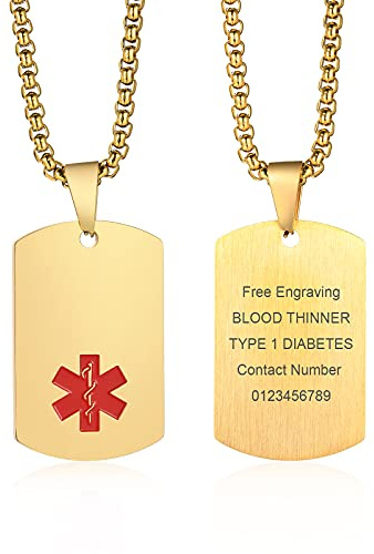 VNOX Edelstahl Anpassen Medical Alert ID Hundemarke Anhänger Halskette Sos Notfall für Männer Frauen,Freies Gravur