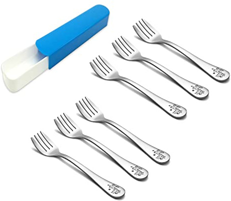 TeamFar Toddler Fork, Stainless Steel Toddler Utensils Forks Set of 6, Non Toxic & Healthy, Cute Animals & Attached Travel Case - Dishwasher Safe